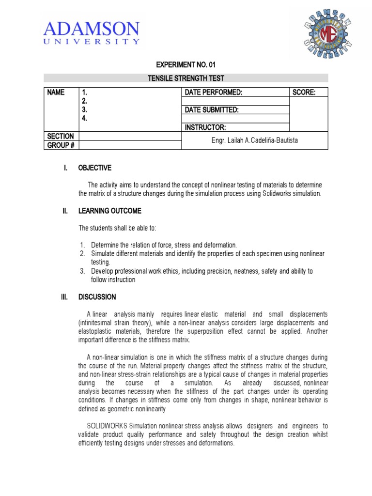 Experiment No 1 Tensile Strength Test Pdf Deformation Engineering
