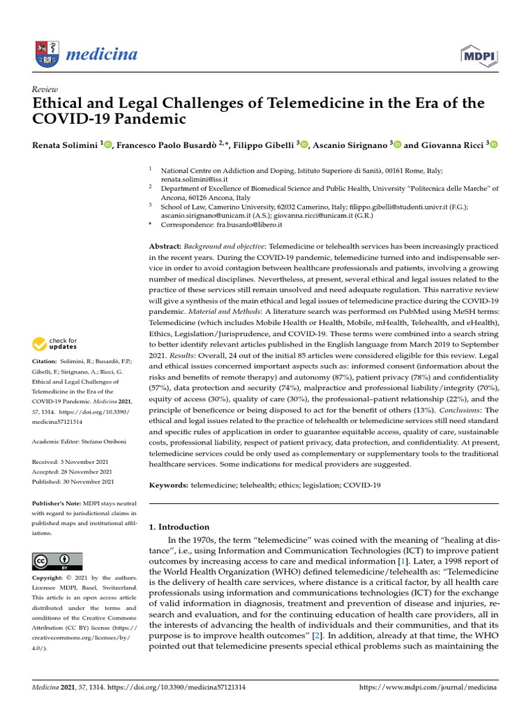 2021 - Ethical and Legal Challenges of Telemedicine in The Era of The ...