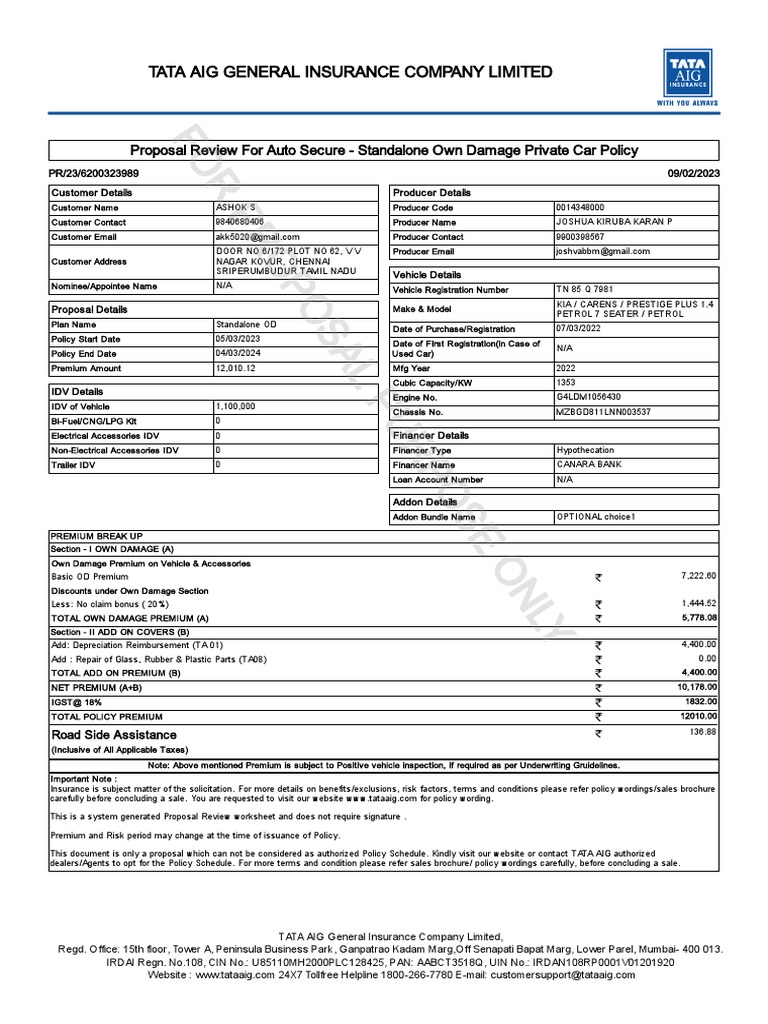 TATA AIG Standalone Car Insurance Proposal | PDF | Insurance | Wheeled ...