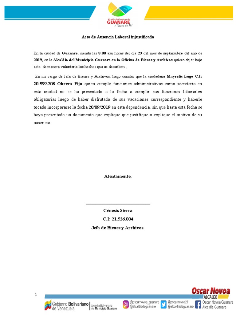 Acta de Inasistencia Laboral Injustificada | PDF | Gobierno