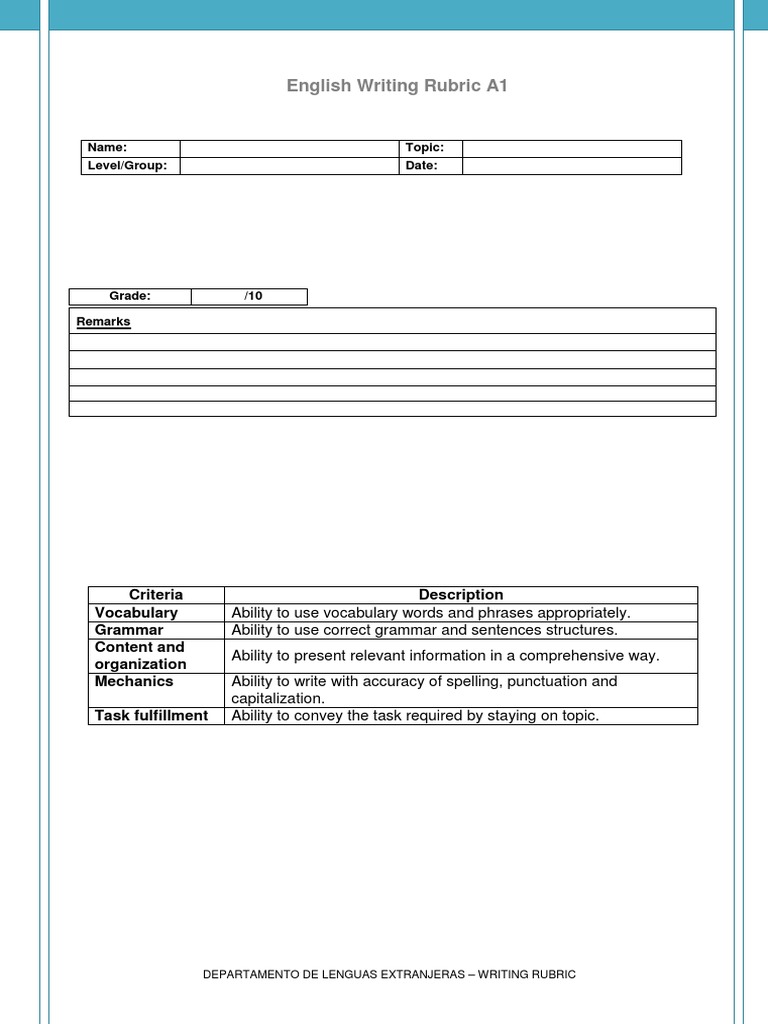 Writing Rubric A1 Pdf Rubric Academic Grammar