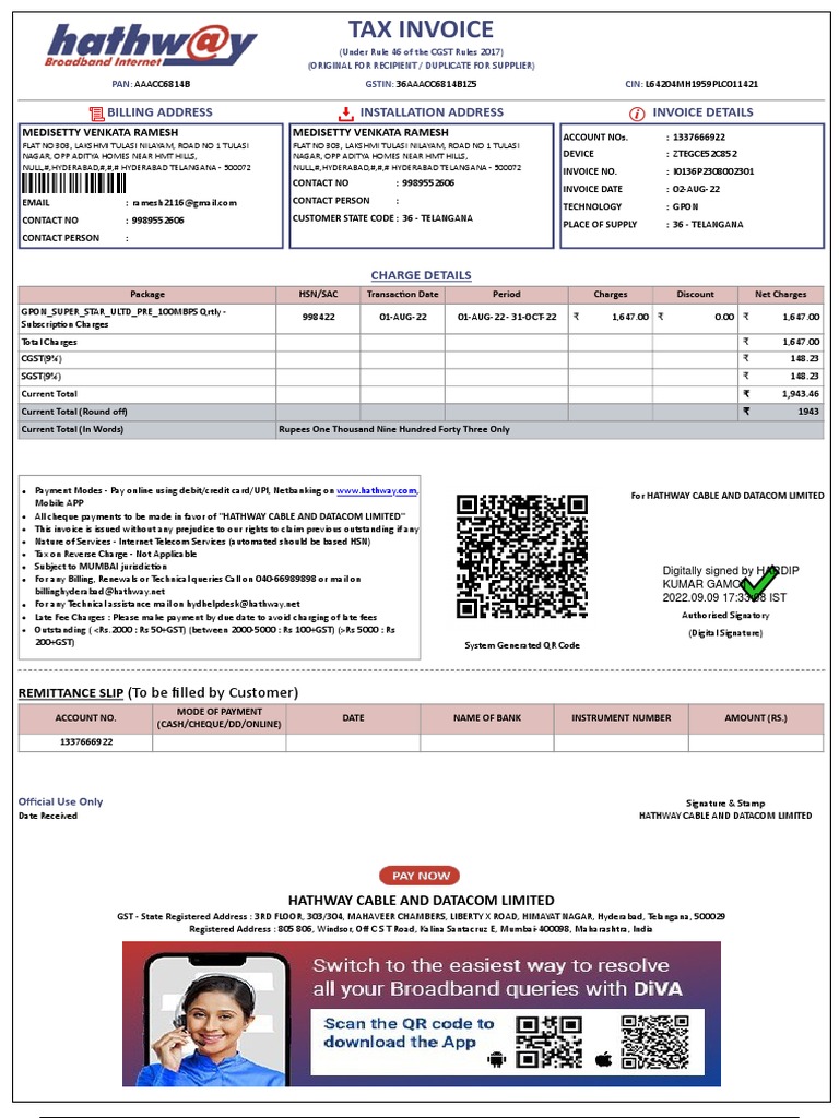 Hathway Bill PDF Invoice Payments