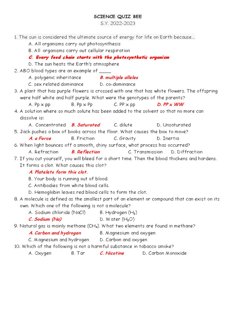 Science Quiz Bee Questions 2022-2023 | PDF | Science & Mathematics