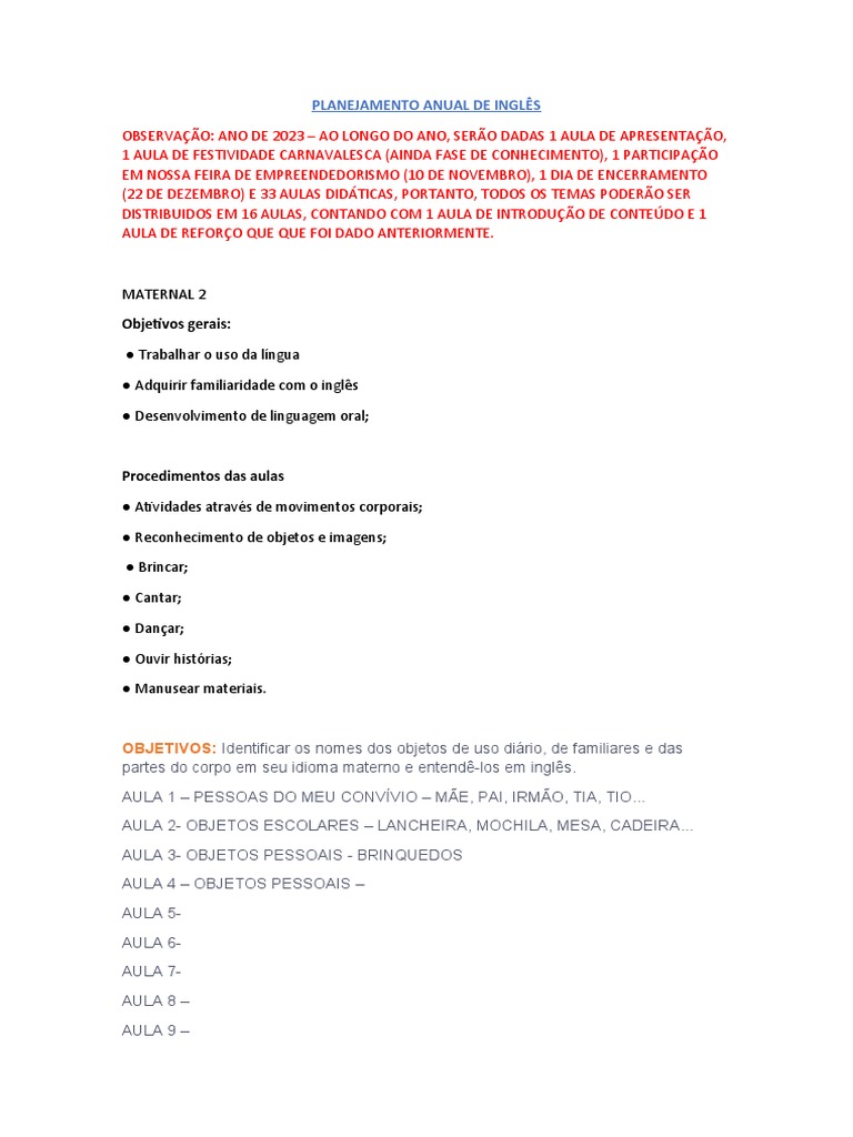 Planejamento Anual de Inglês 2023 | PDF
