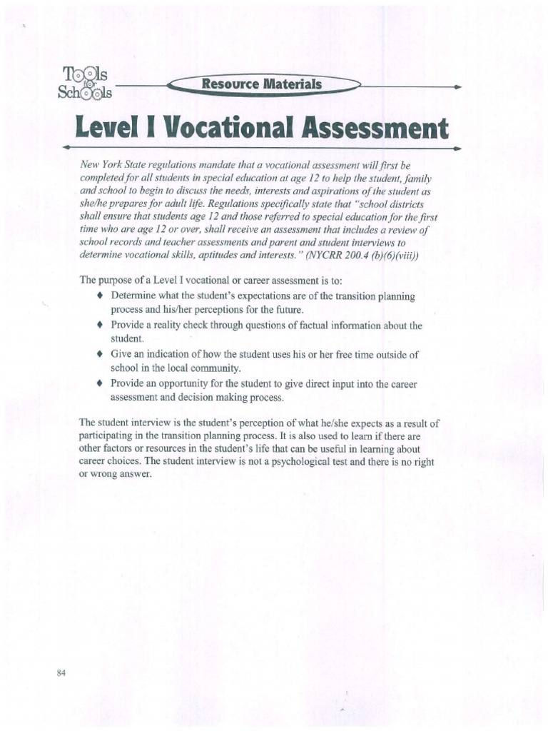 Level I Voc Assess Tools For Schools PDF