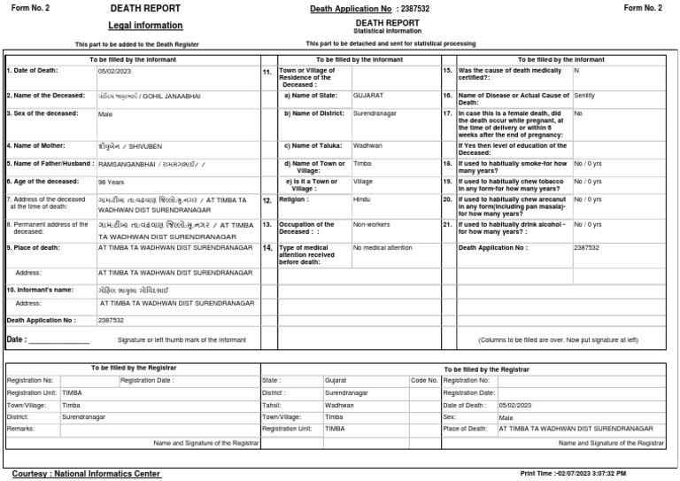Death Report Form No. 2 - Gujarat | PDF