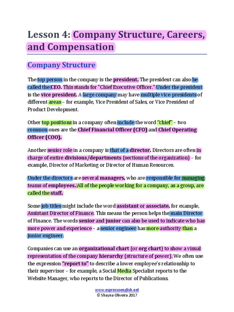 Lesson 04 Company Structure Careers Compensation | PDF | Salary | Labor ...