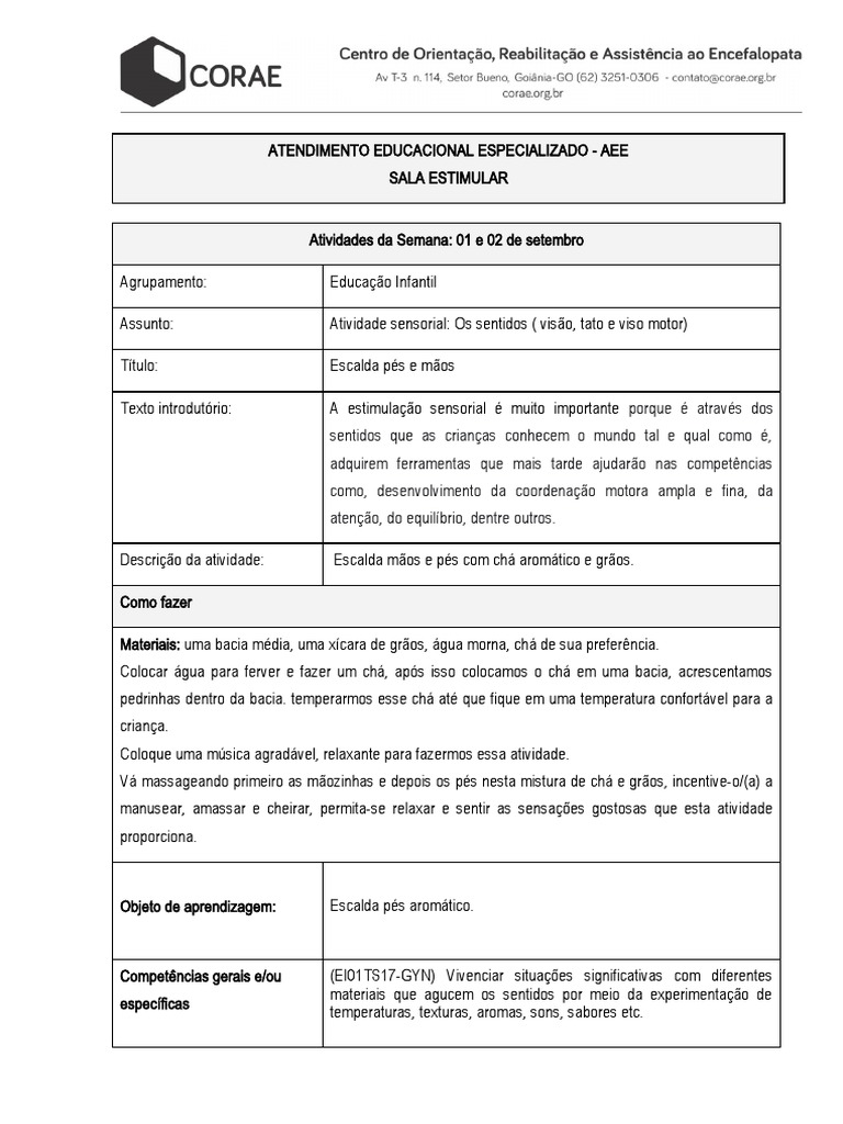 Atividade Sensorial: Escalda Pés e Mãos | PDF | Carreira e Crescimento ...