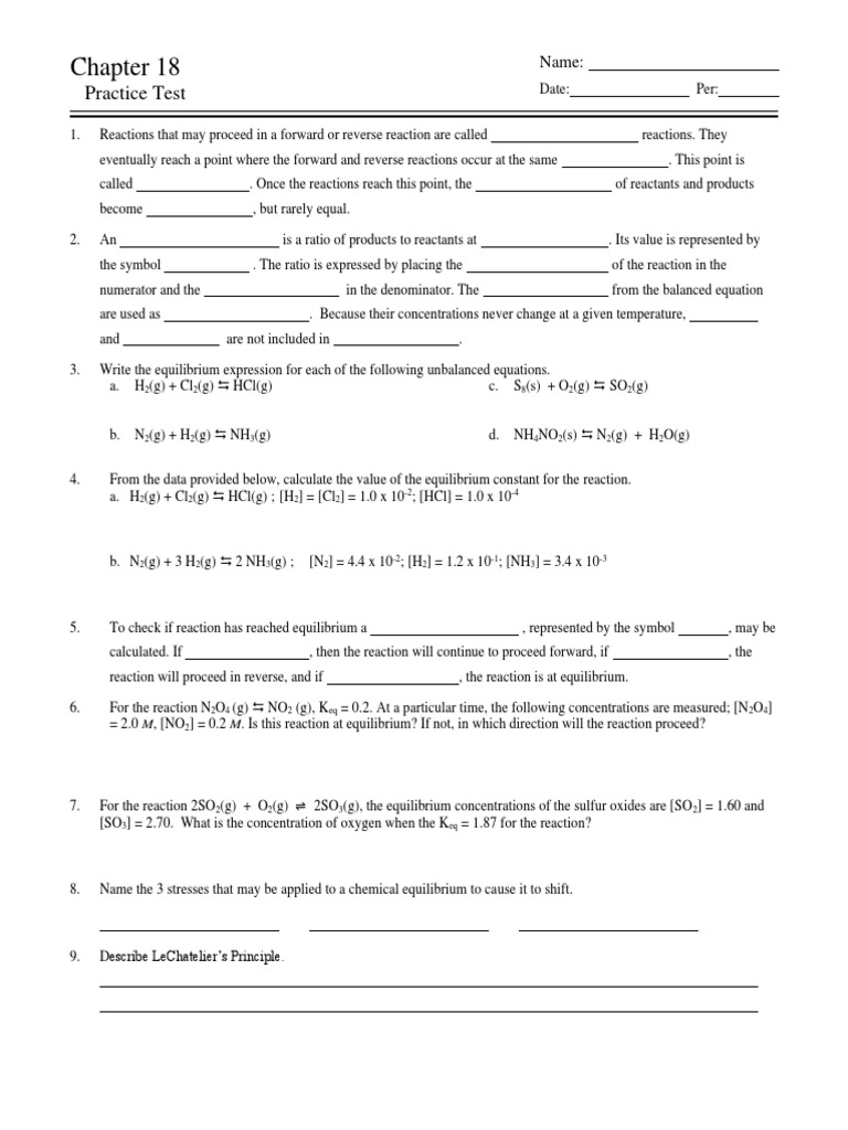 Chemical Equilibrium Practice Test Pdf Chemical Equilibrium