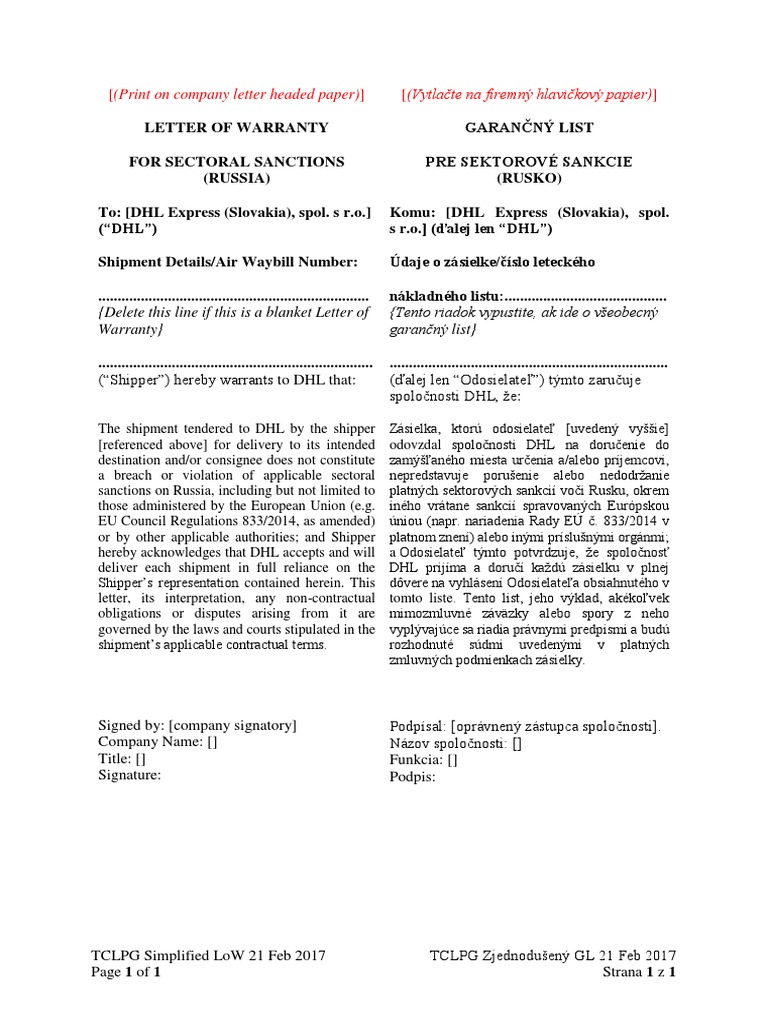 Letter of Warranty For Sectoral Sanctions (Russia) Ver.20170221Pre