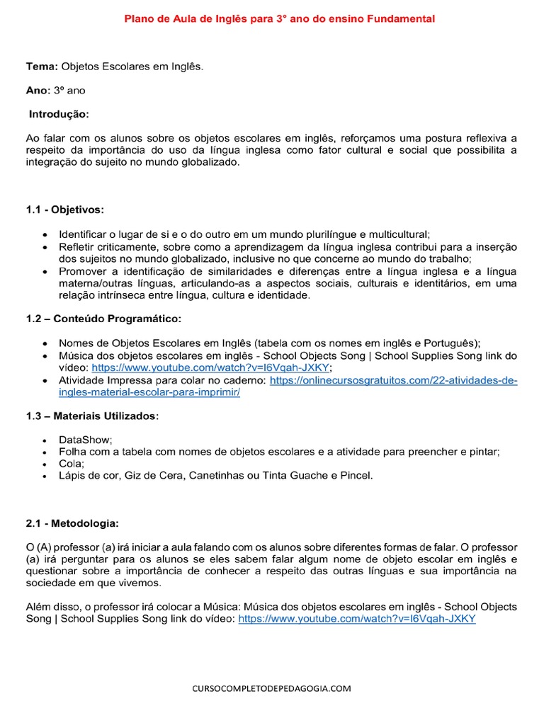Plano de Aula de Ingles para 3° Ano Do Ensino Fundamental | PDF