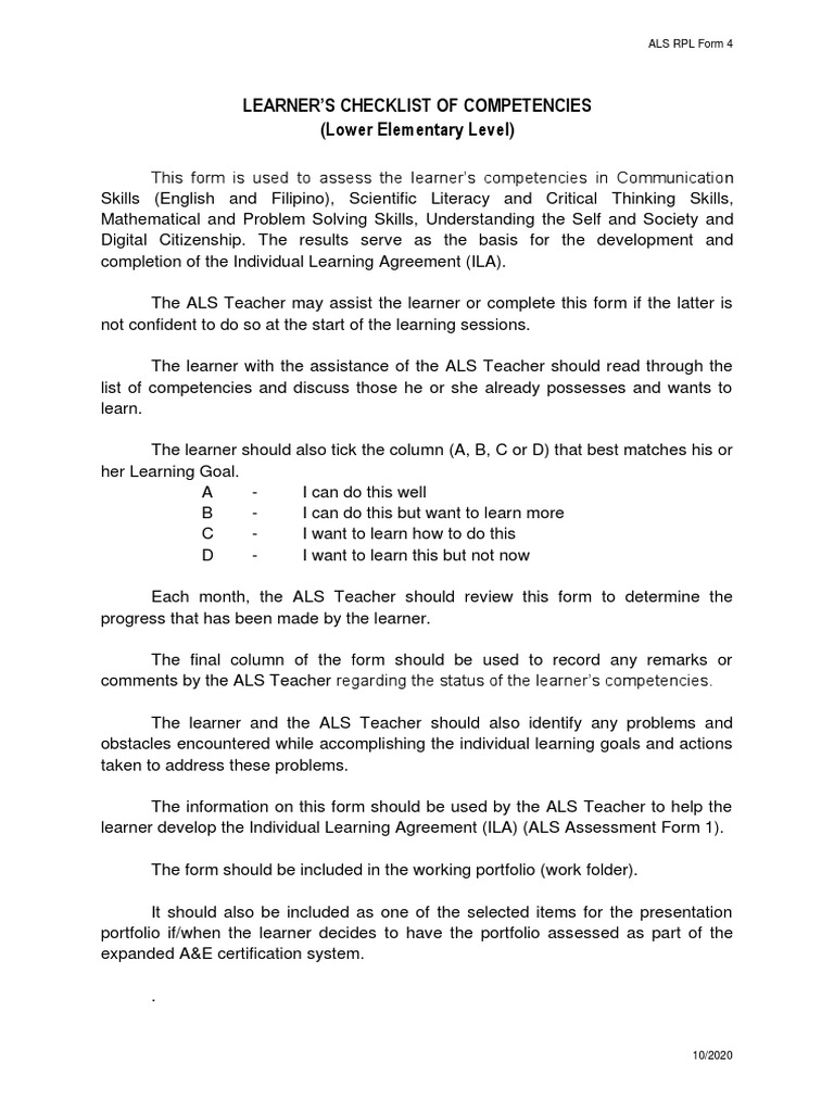 Learner'S Checklist of Competencies (Lower Elementary Level) | PDF ...