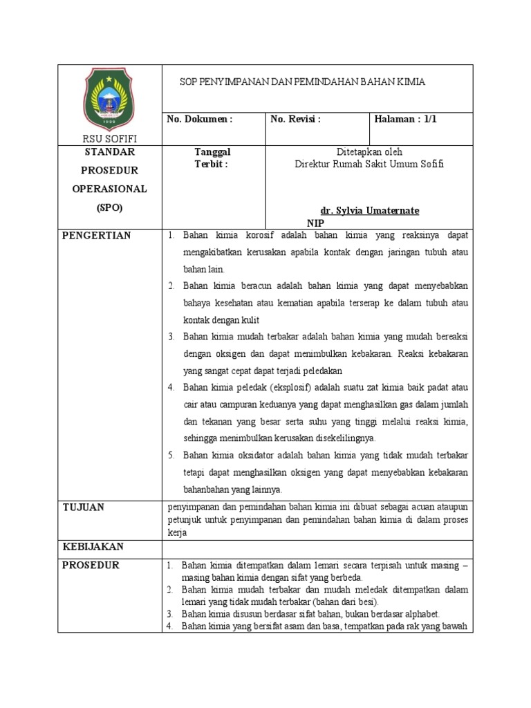 SOP Penyimpanan Bahan Kimia RSU Sofifi | PDF