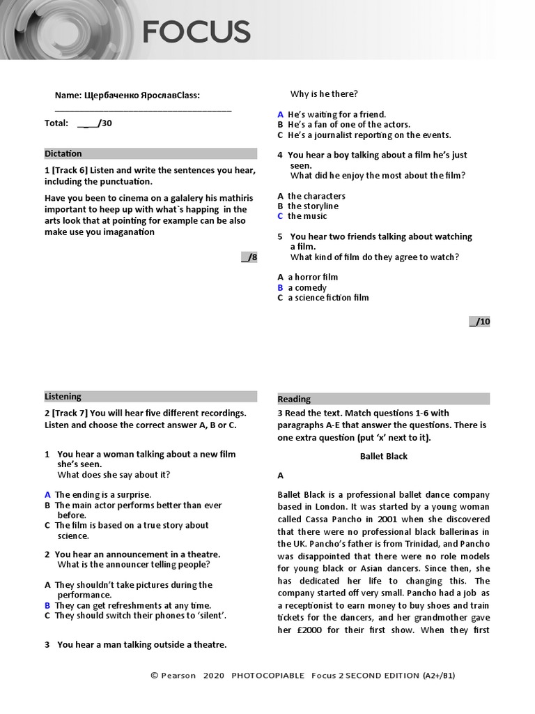 Focus2 2E Unit Test Dictation Listening Reading Unit3 GroupA | PDF ...