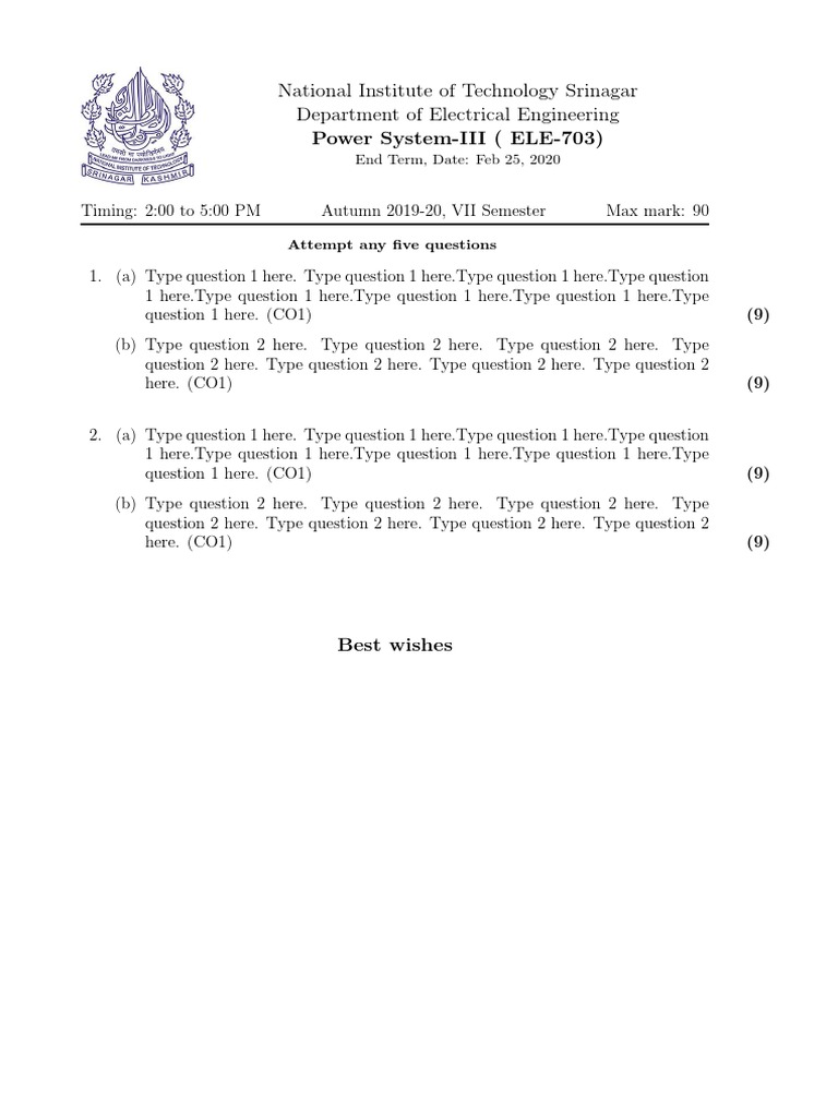 NIT Srinagar Power System-III Exam Paper | PDF
