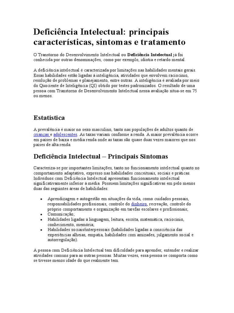 Características e Sintomas da Deficiência Intelectual | PDF