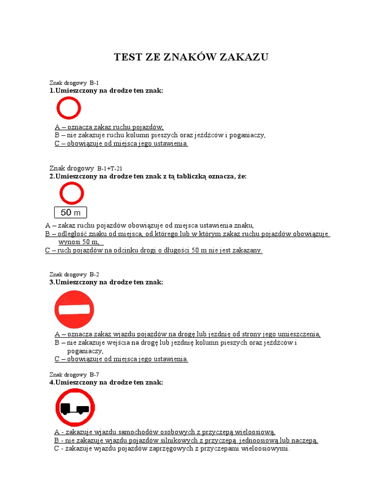 Znaki Zakazu Test Klasa 4 Test Ze Znaków Zakazu | PDF