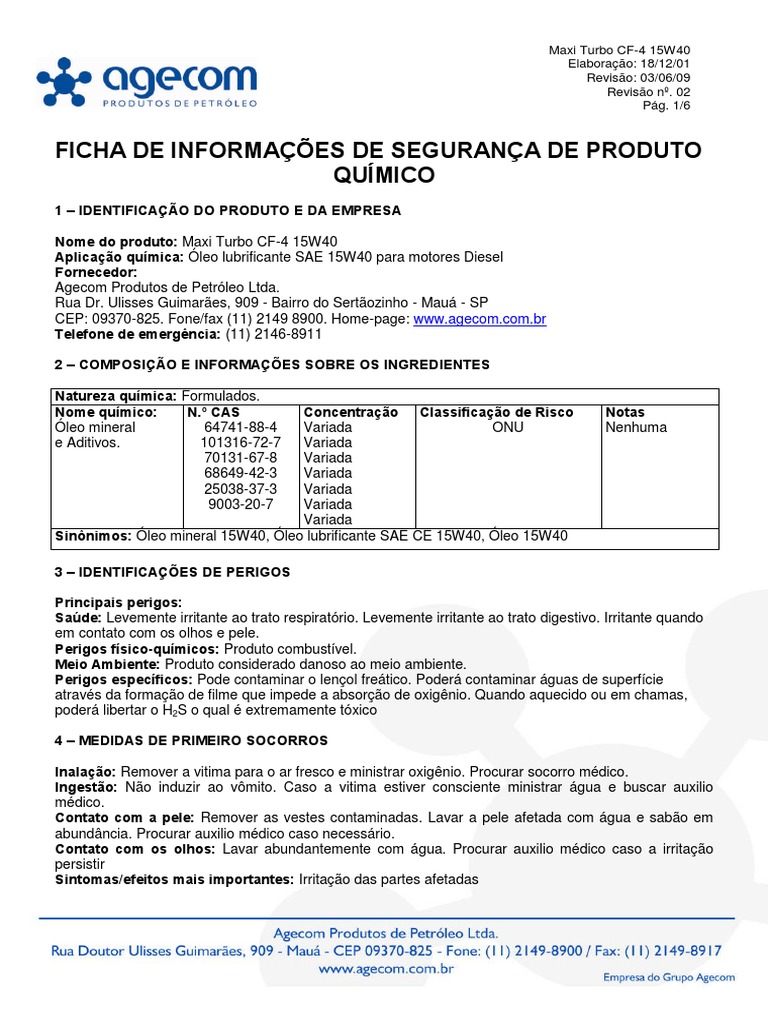 FISPQ Maxi Turbo CF 4 15W40 PDF Química Solubilidade