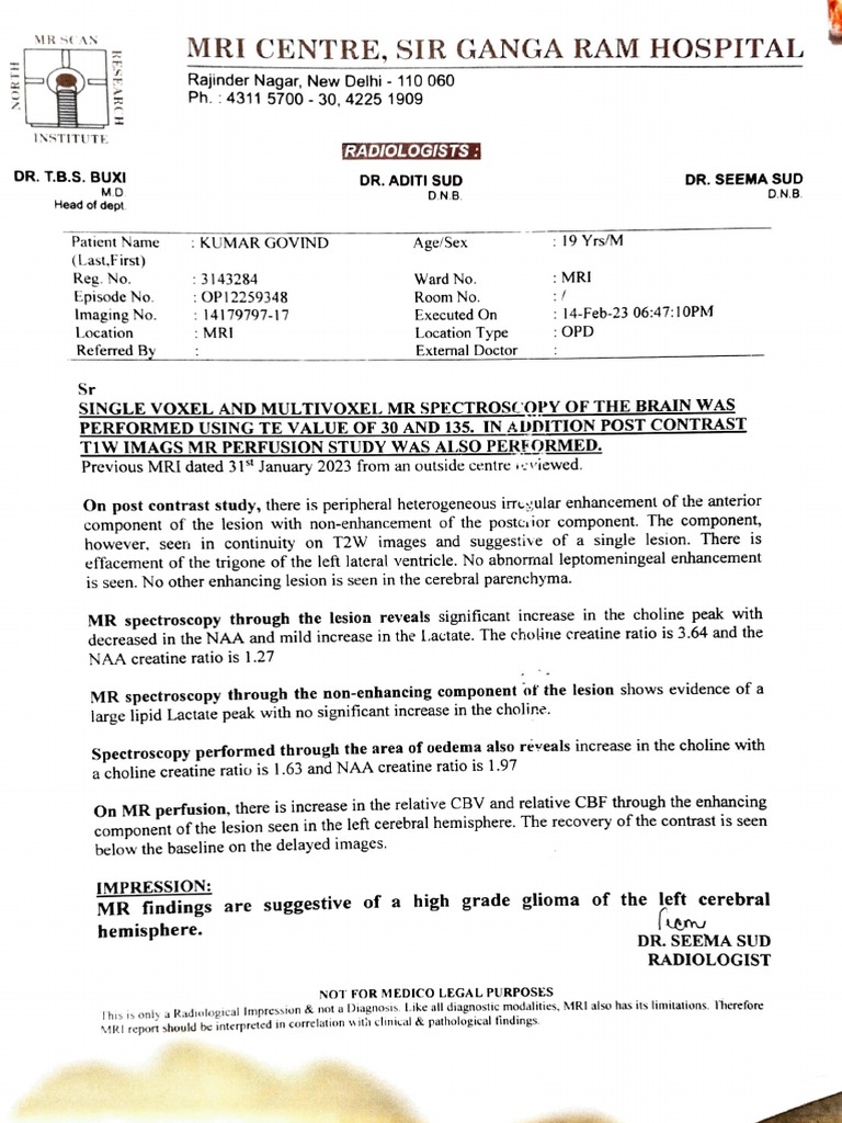 MRI Report for High Grade Glioma | PDF | Magnetic Resonance Imaging ...