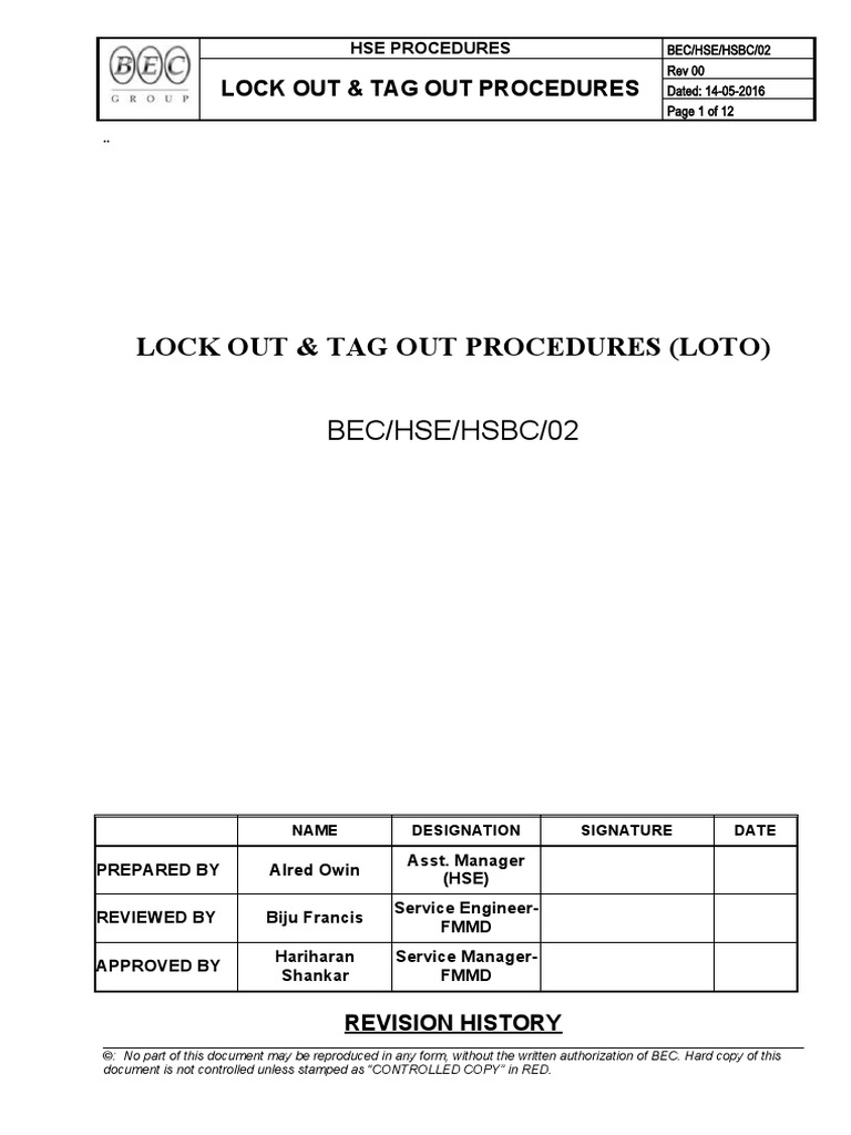 BECHSEL2 Lock Out Tag Out Procedures PDF Electrical Engineering