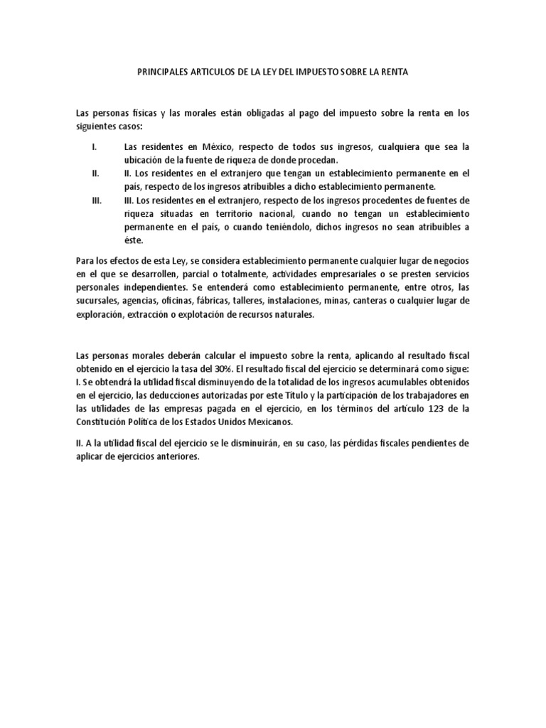 Principales Articulos de La Ley Del Impuesto Sobre La Renta | PDF ...