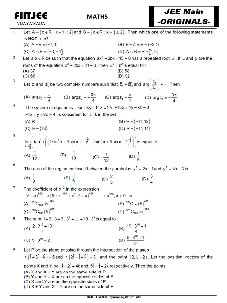 Math Jee Main Questions PDF