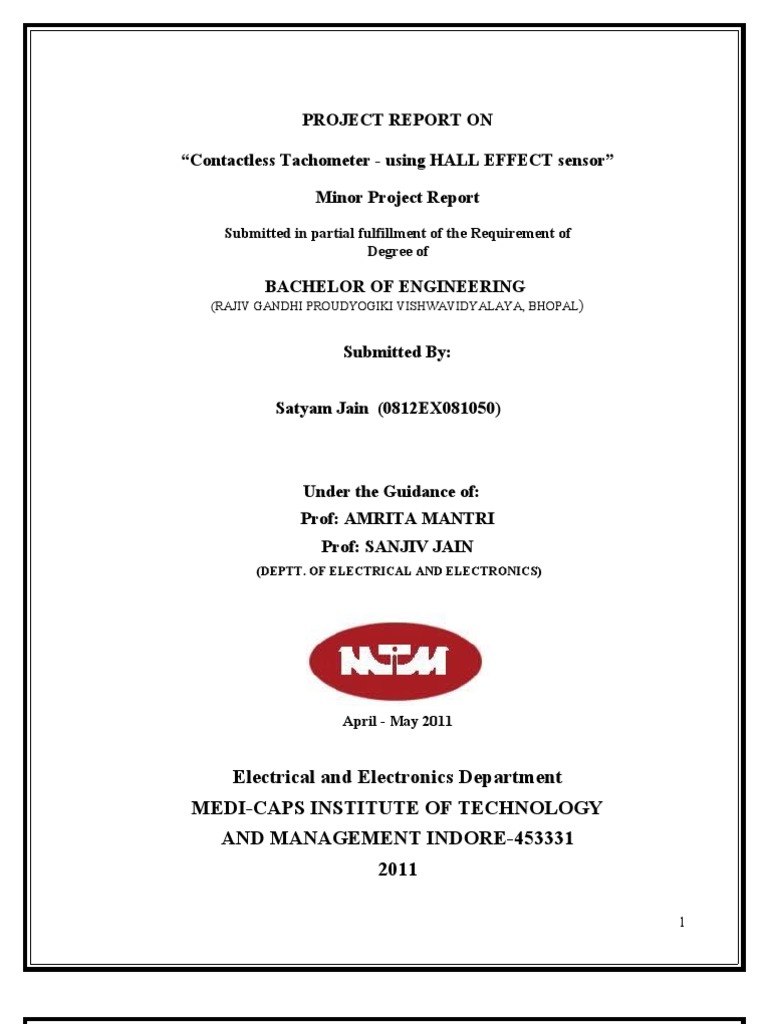 Project Report On "Contactless Tachometer Using HALL EFFECT Sensor