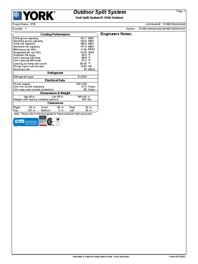 SPLIT 15 TR ND180C00D6AAA2 YD180C00A2AAA5 - Submittal Report | Download ...