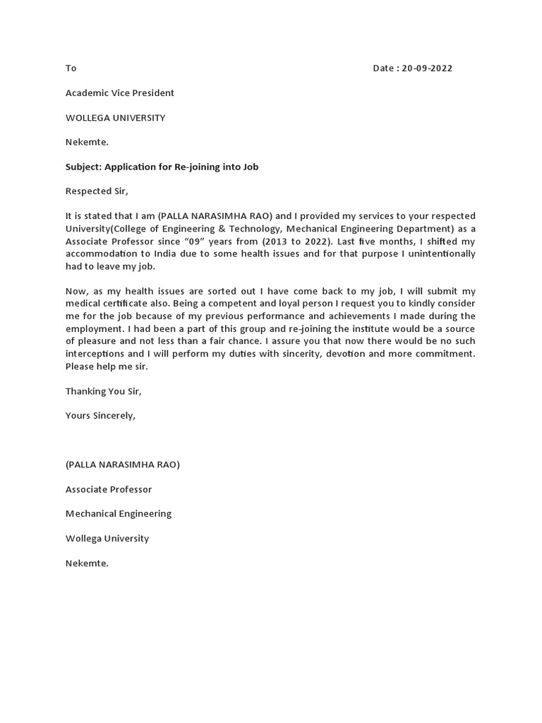 Application for Job Rejoining | PDF