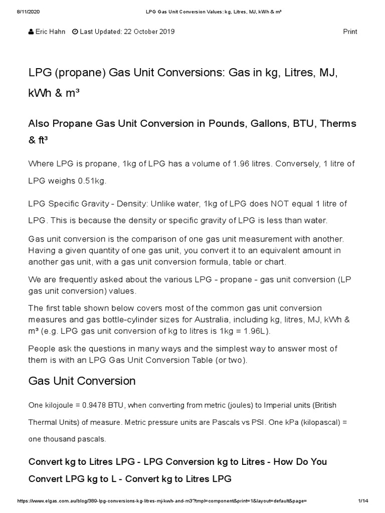 LPG Gas Unit Conversion Values KG, Litres, MJ, KWH & M PDF