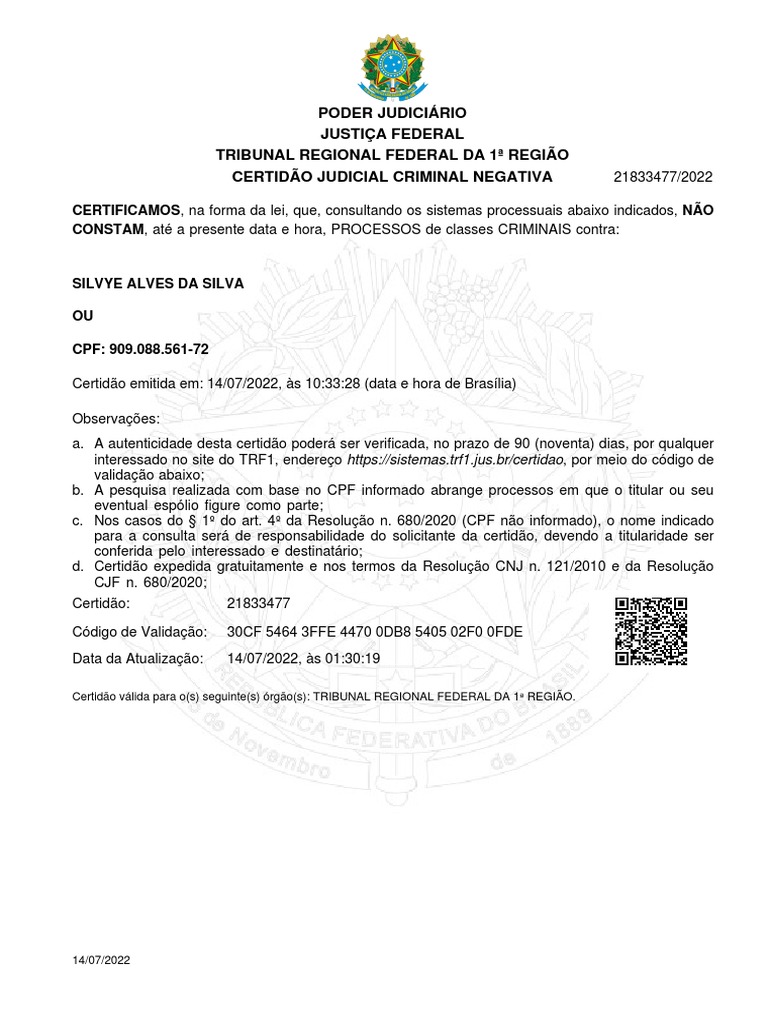 Pje-797933c4-Certidão Criminal Da Justiça Federal de 2º Grau | PDF