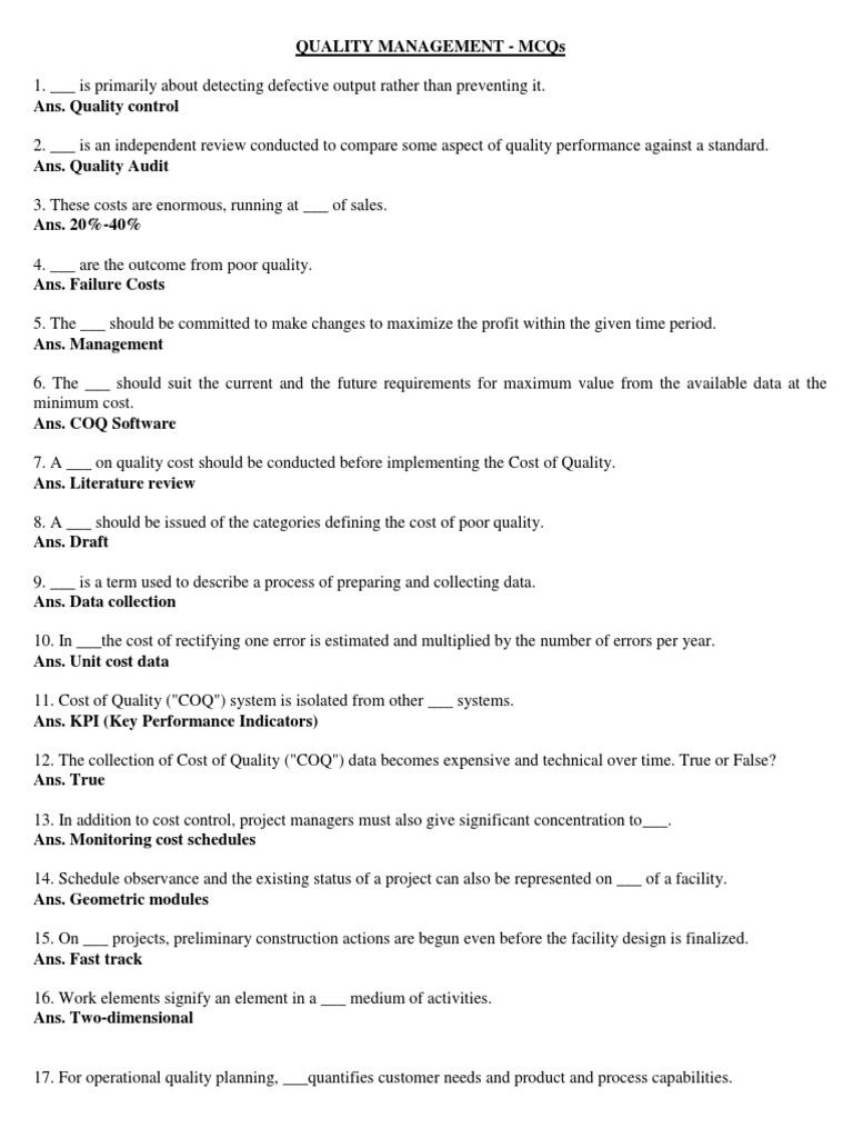QUALITY MANAGEMENT MCQs PDF Audit Business Economics