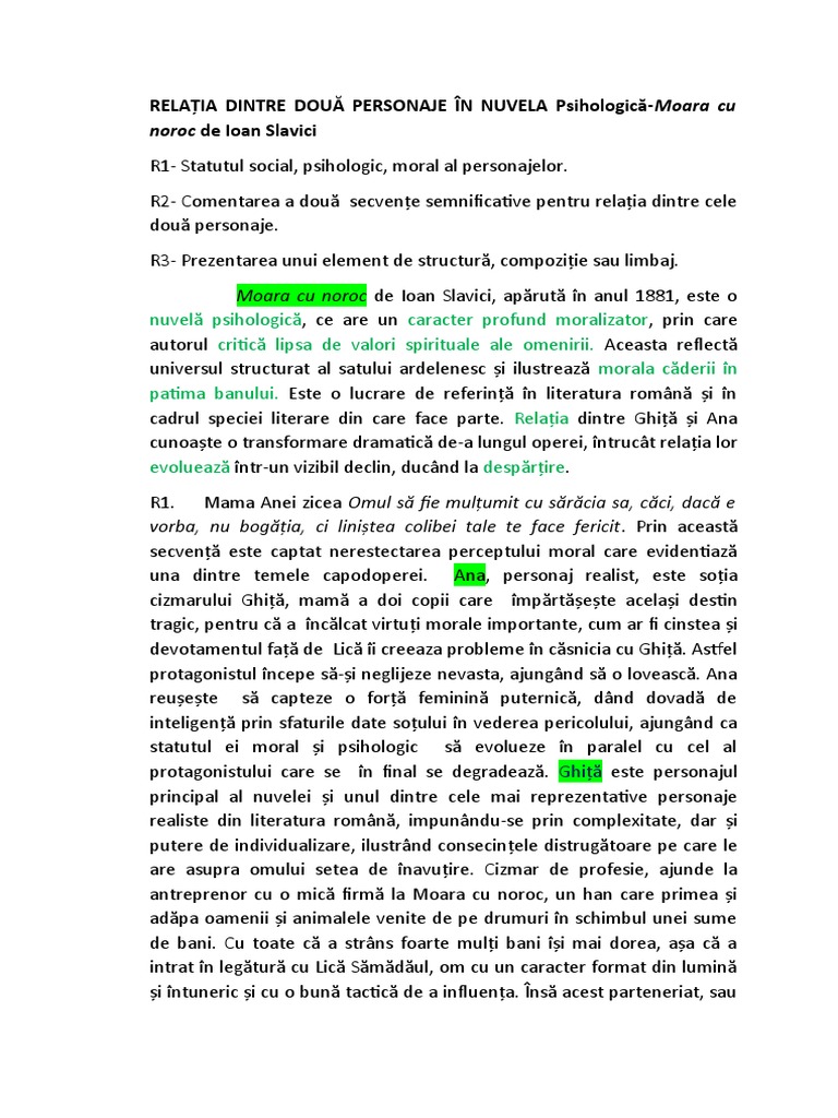 Moara Cu Noroc Relatia Dintre Doua Personaje "Moara Cu Noroc"relația Dintre Doua Personaje | PDF