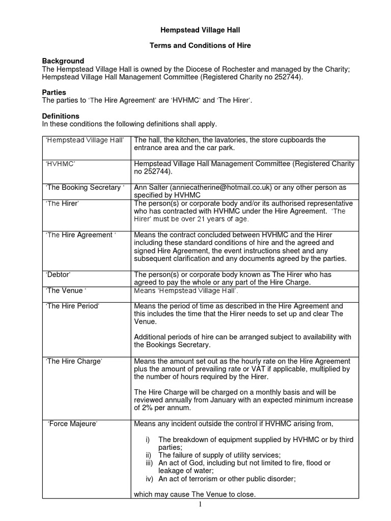 Hempstead Village Hall Terms and Conditions of Hire 2023 PDF First