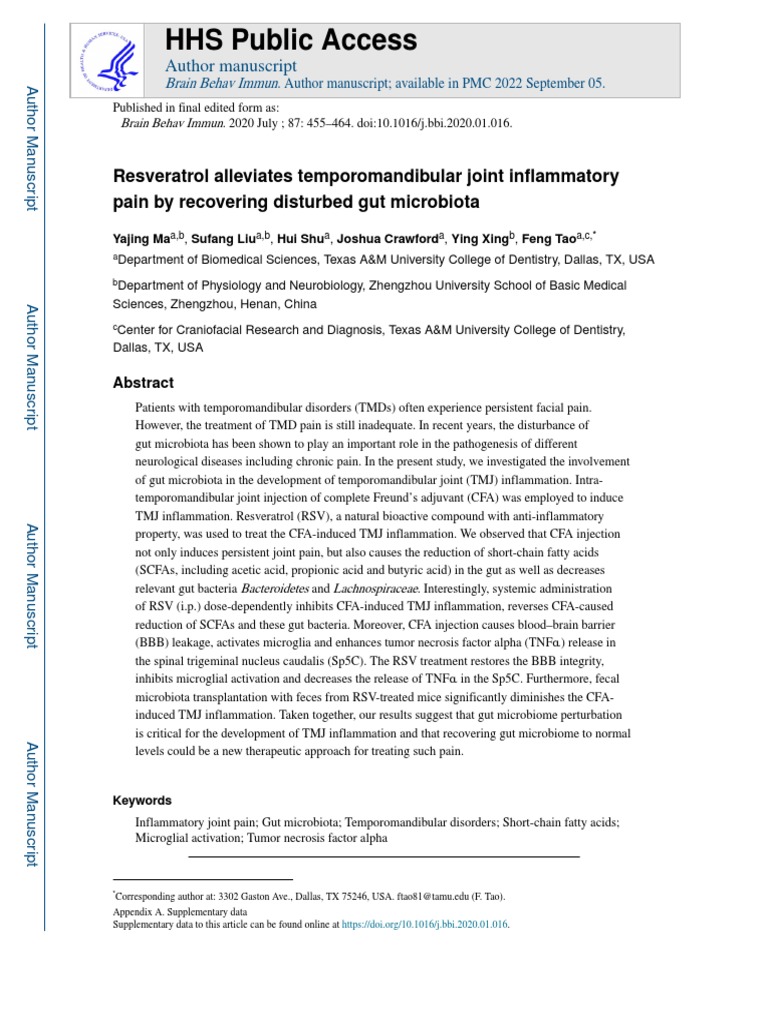 Resveratrol Alleviates Temporomandibular Joint Inflammatory Pain by