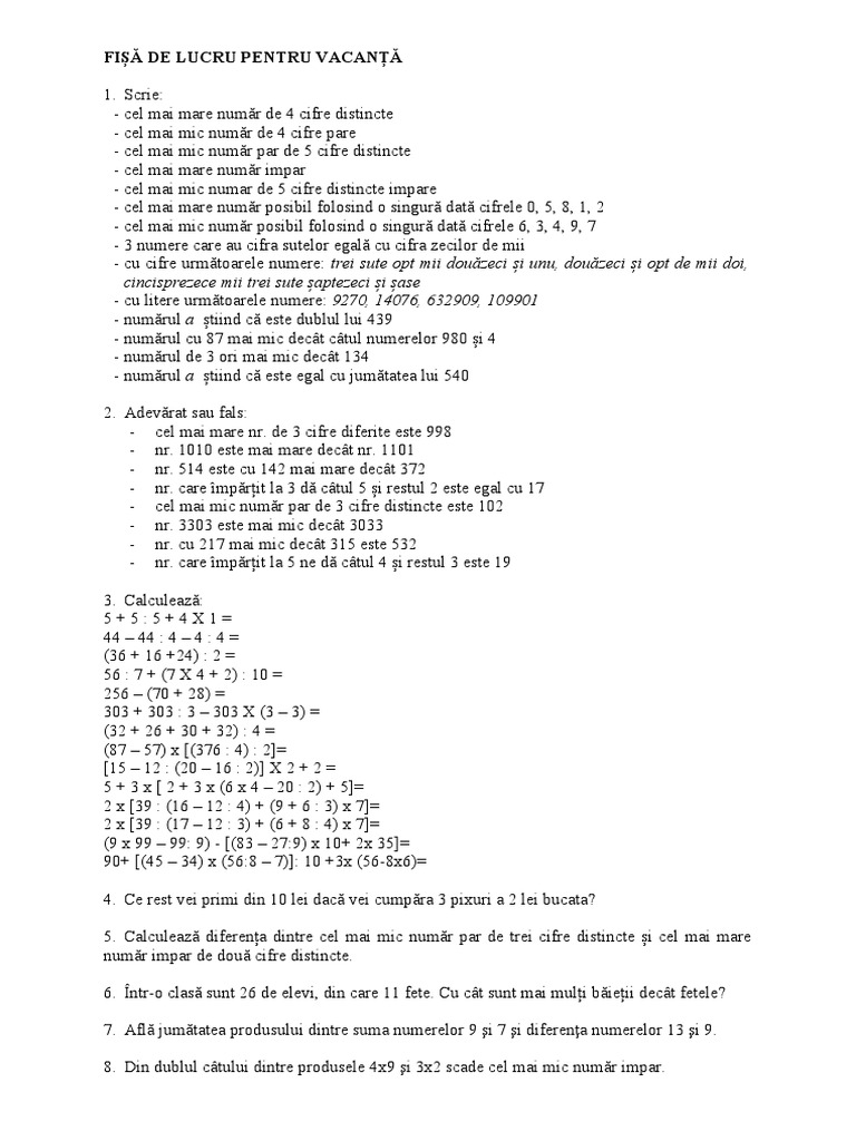 Fisa 2 PT Vacanta - Matematica | PDF