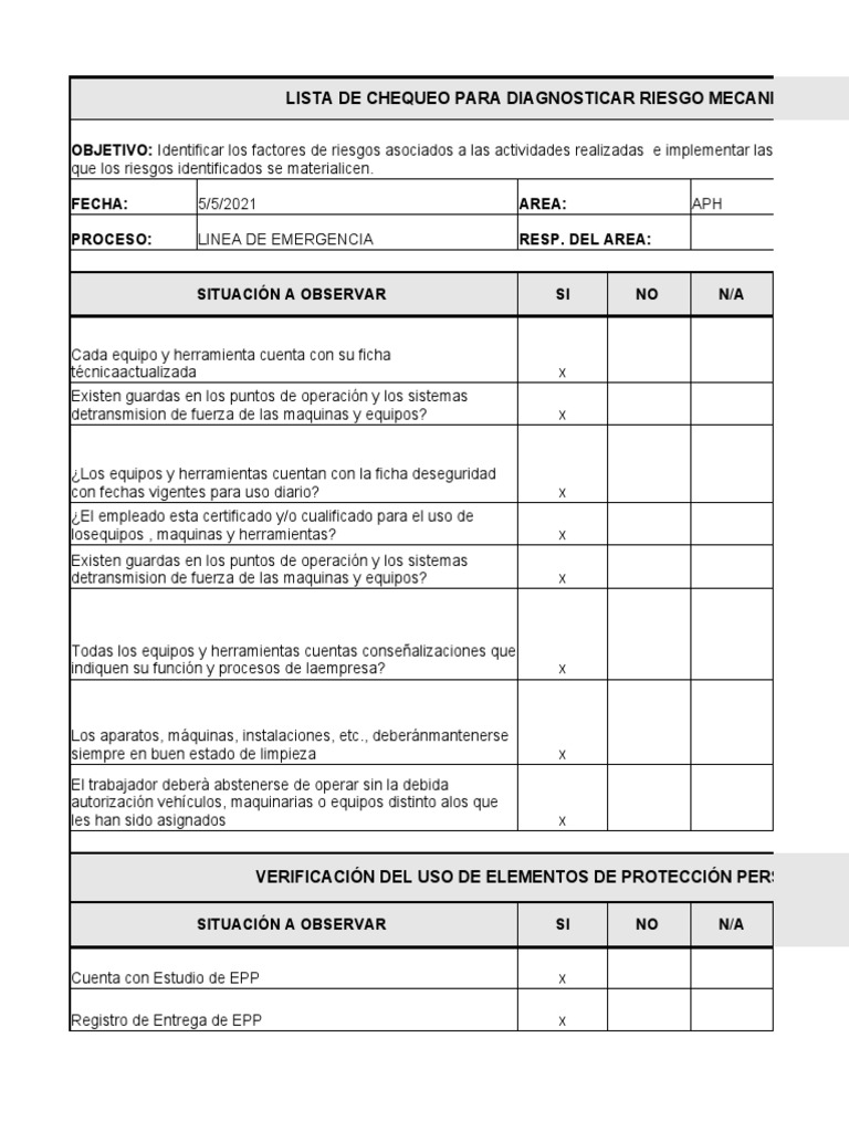 Chequeo De Riesgo Mecánico Y Epp Pdf 