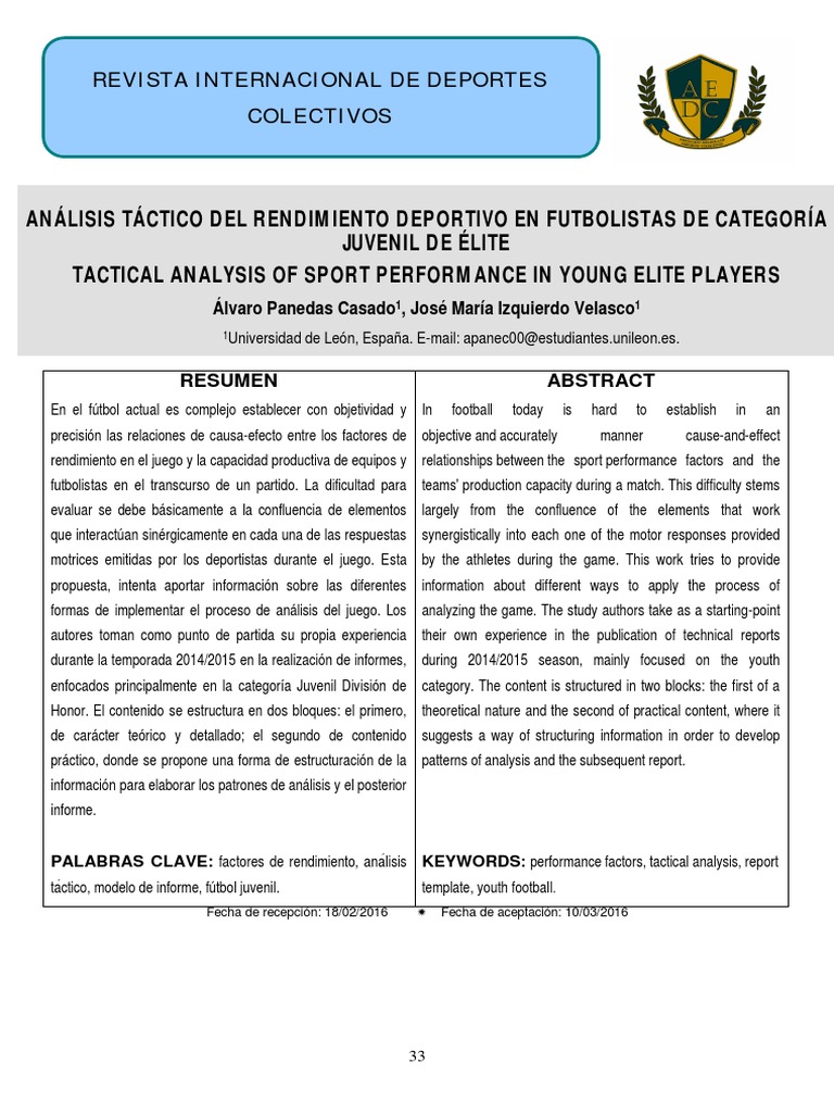 Análisis Del Rendimiento Táctico De Jóvenes Futbolistas De élite Un