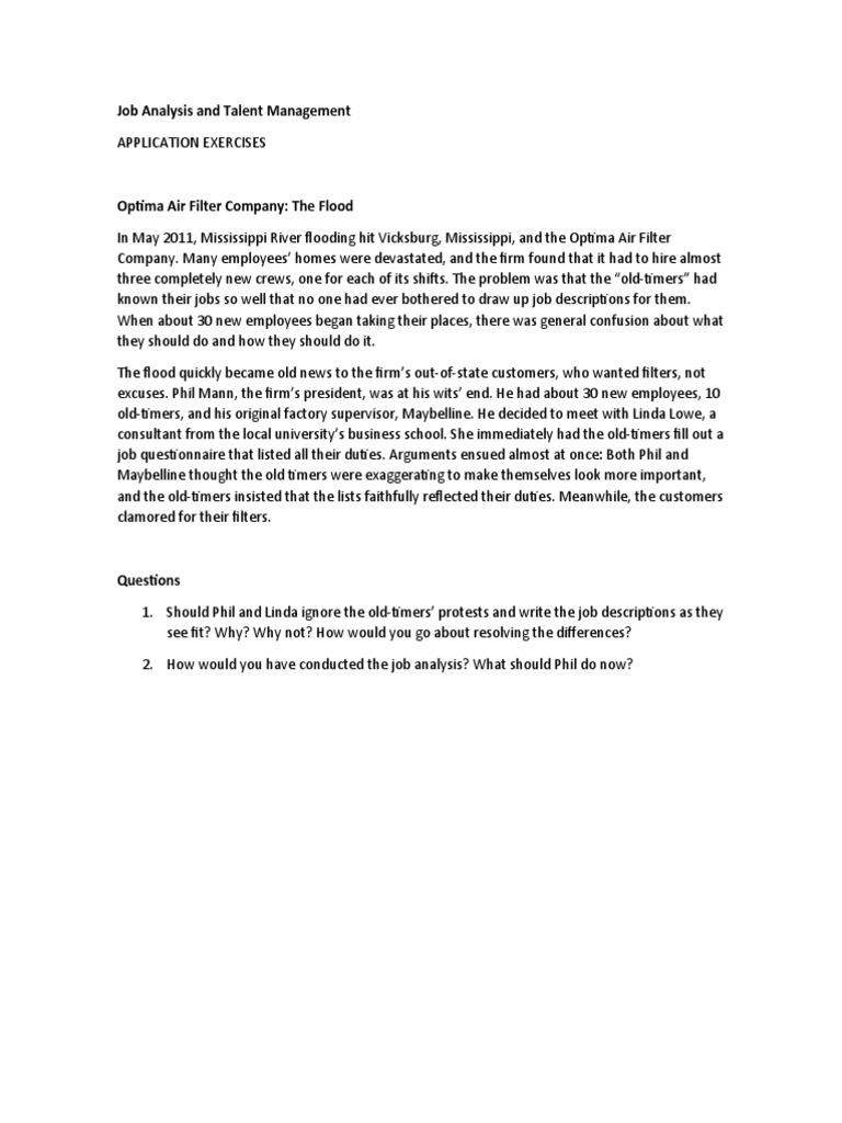 Job Analysis and Talent Management Case 1 Optima Air Filter Company