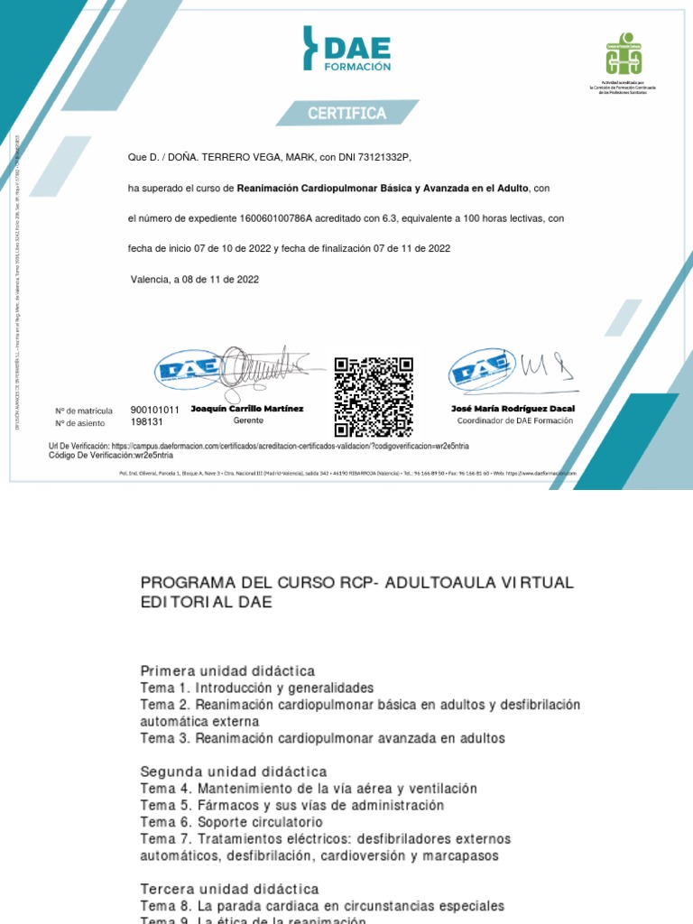 Certificado de RCP Avanzada DAE | PDF