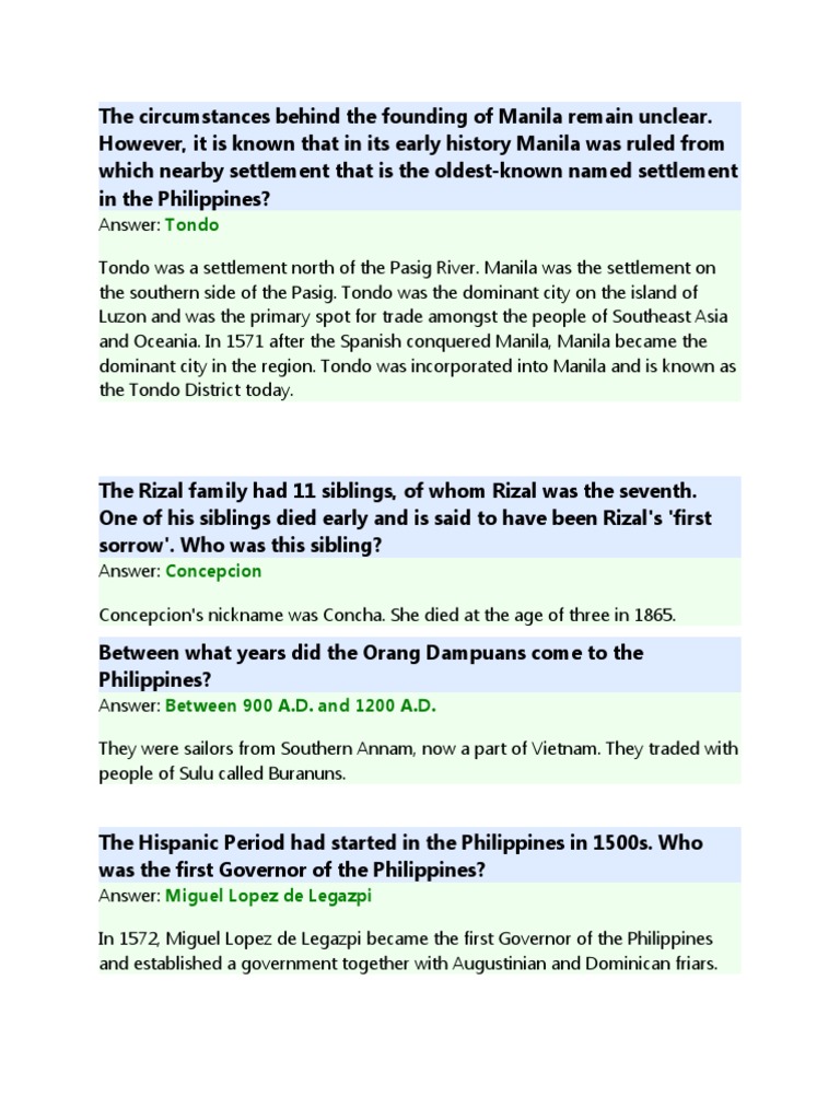 Philippine History Trivia Questions Download Free PDF Philippines
