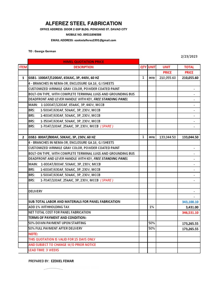 Alferez Steel Fabrication Quotation | PDF | Science & Mathematics