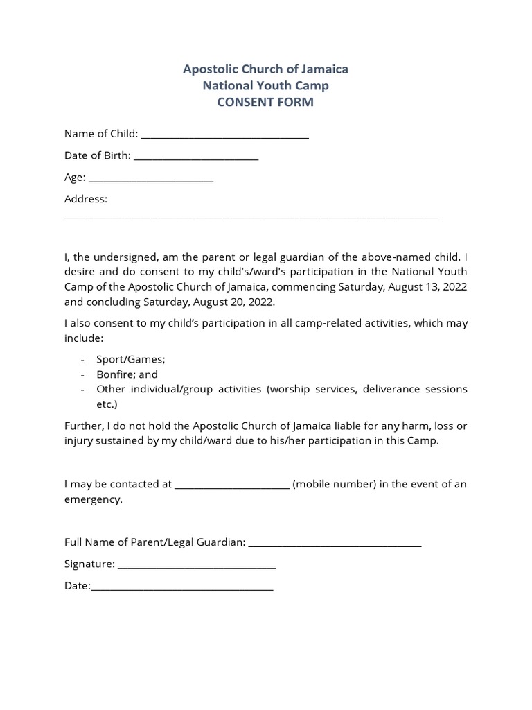 Parental Consent Form for Participation in the Apostolic Church of