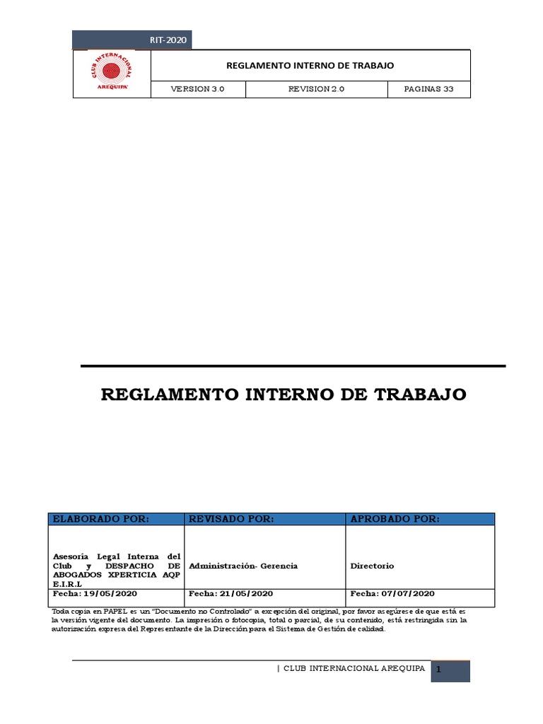 Reglamento Interno de Trabajo | PDF | Derecho laboral | Salario