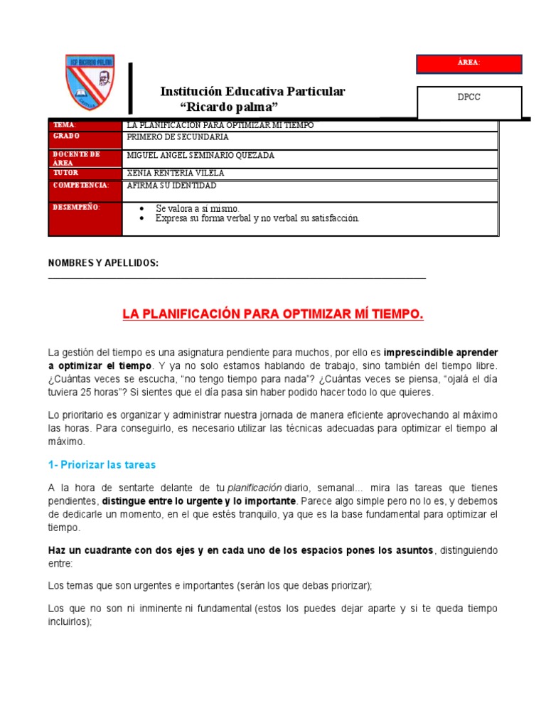 1.1 La Planificación para Optimizar Mi Tiempo | PDF | Gestión del ...