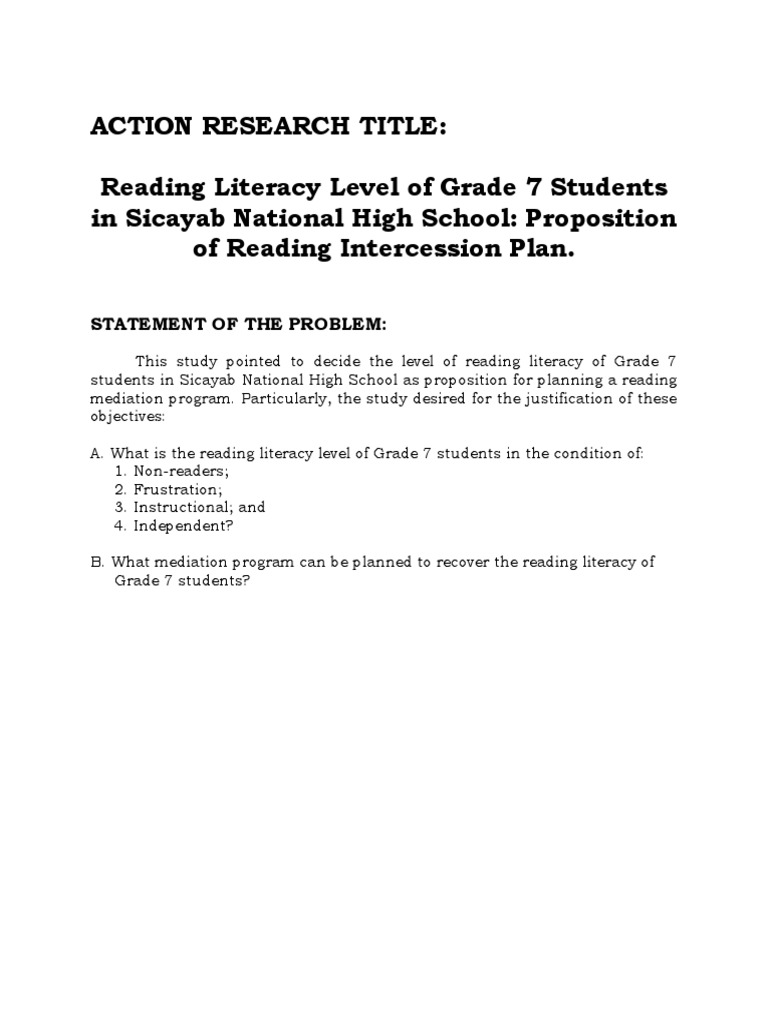 Reading Literacy Level Of Grade 7 Students In Sicayab National High