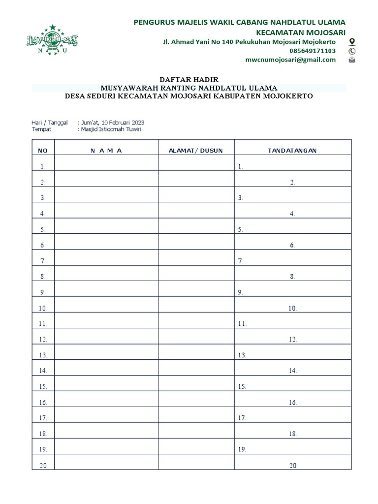 Daftar Hadir Musyawarah NU Seduri | PDF