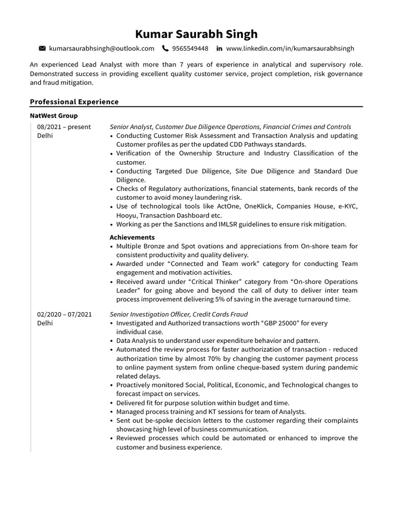Kumar saurabh singh professional experience pdf money laundering