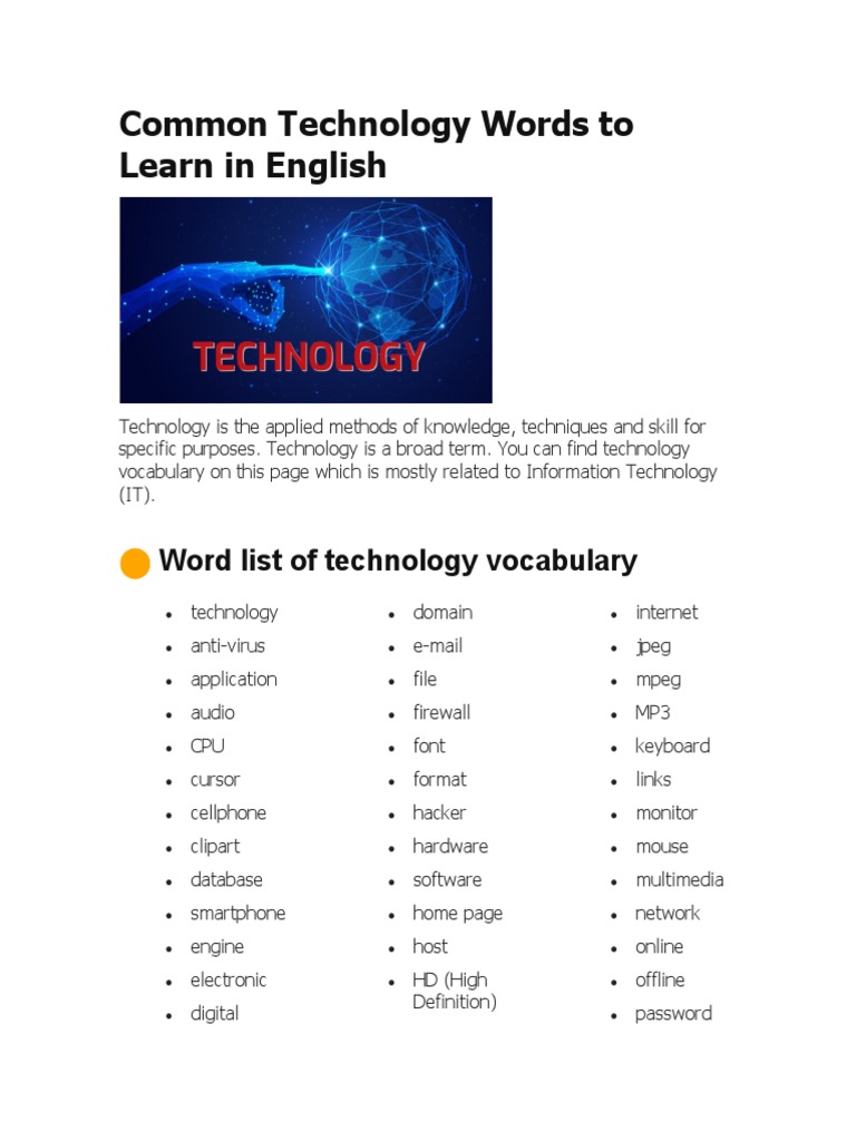 Common Technology Words To Learn in English VOCABULARY 3 | PDF | World ...