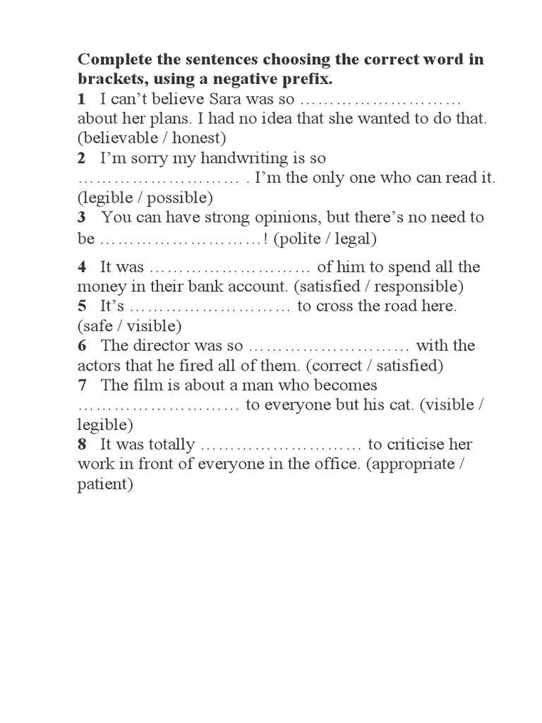 Complete The Sentences Choosing The Correct Word in Brackets PDF